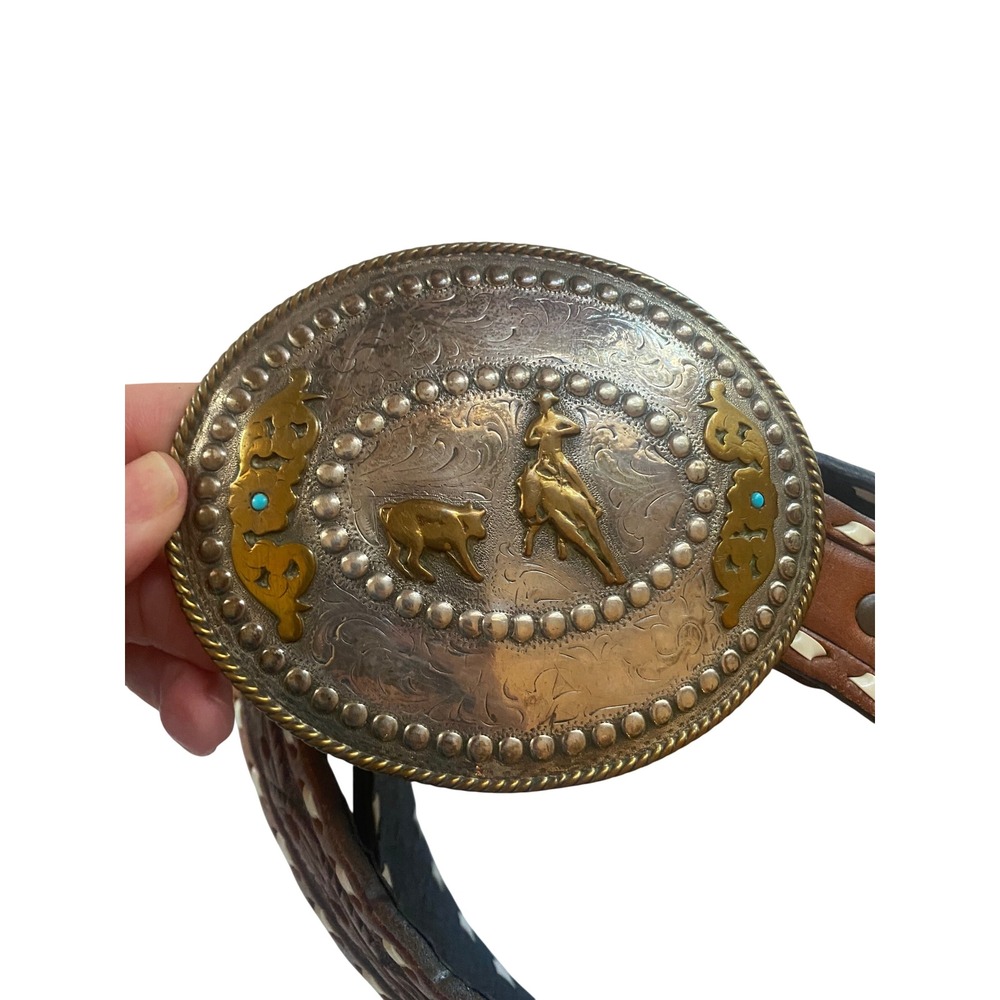 Silversmiths Vintage Western Belt Buckle Bronc Rider Tooled Leather Buckstitch